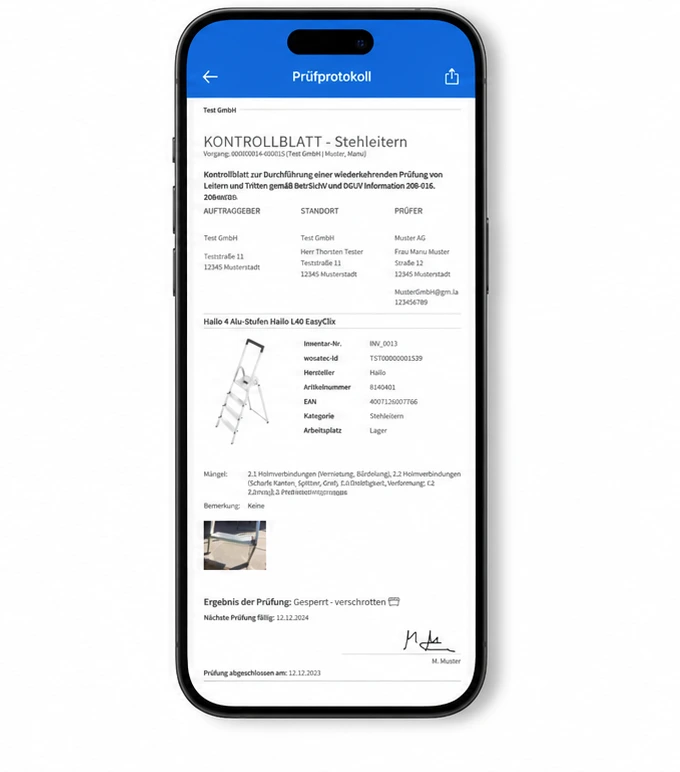 Prüfprotokoll einer Leiter in der wosatec App